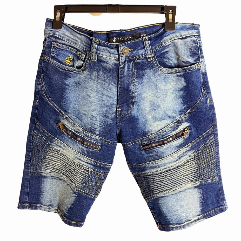 Rocawear Mens 30 Acid Wash Denim Jean Shorts Blue 12" Inseam Y2K 2000s Fade